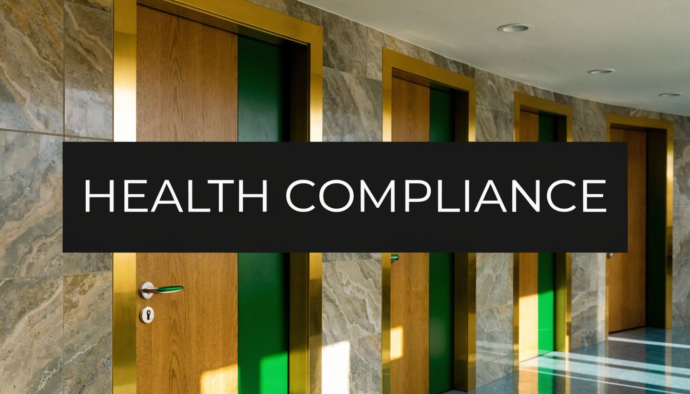 A professional hallway with closed wooden doors and golden door frames, featuring the words Health Compliance.