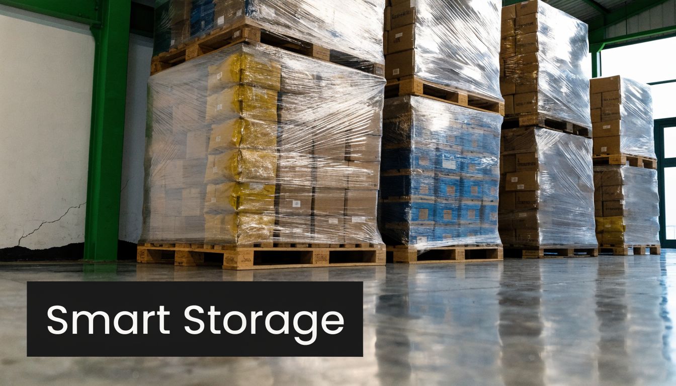 Several pallets of goods wrapped in clear plastic film stored inside a clean, modern industrial warehouse.