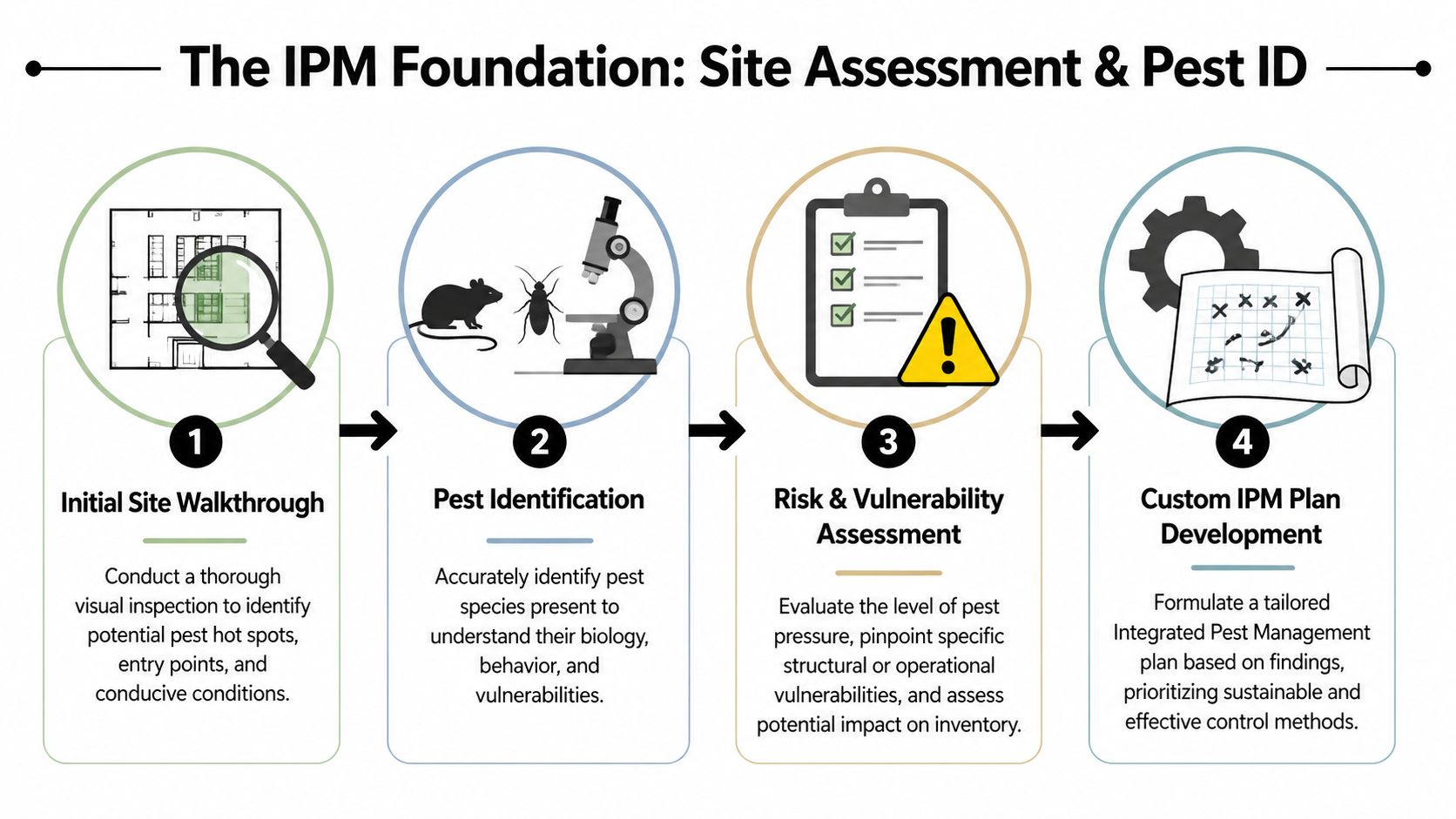 A four-step infographic illustrating the foundational process of site assessment and pest identification for pest management.