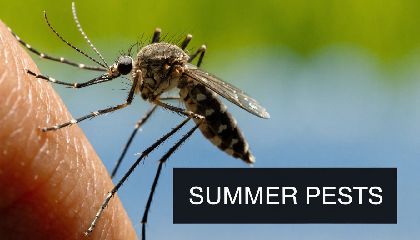 A close up view of a mosquito landing on a finger with summer pests text overlay.