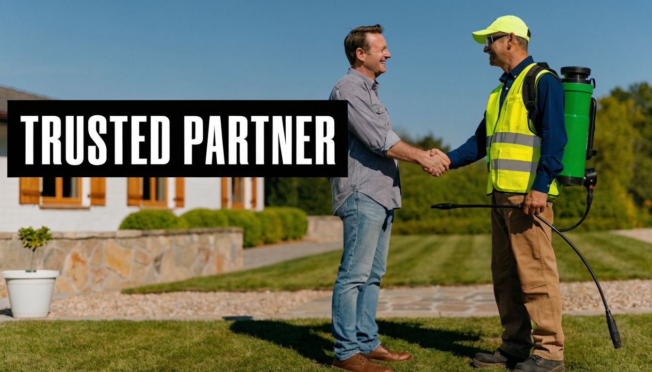 A man shaking hands with a professional pest control technician wearing a uniform and protective gear.
