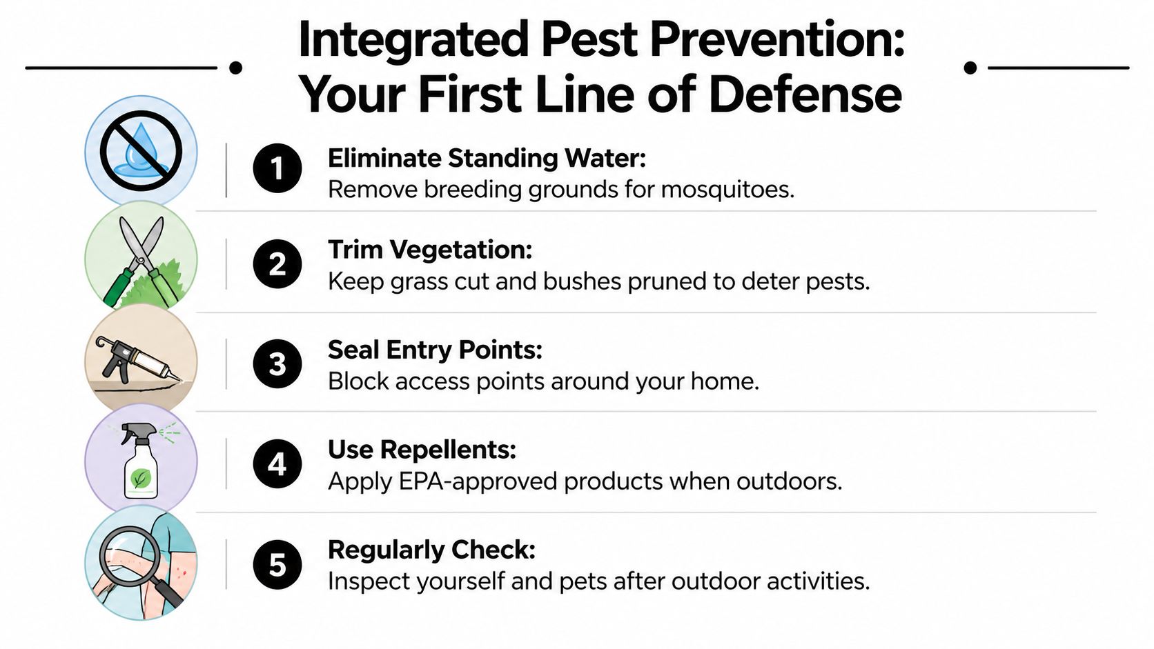 An infographic showing five tips for integrated pest prevention to protect against mosquitoes and ticks.