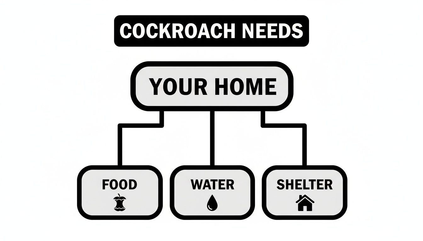 A flowchart showing 'COCKROACH NEEDS YOUR HOME', which branches to 'FOOD', 'WATER', and 'SHELTER' with icons.