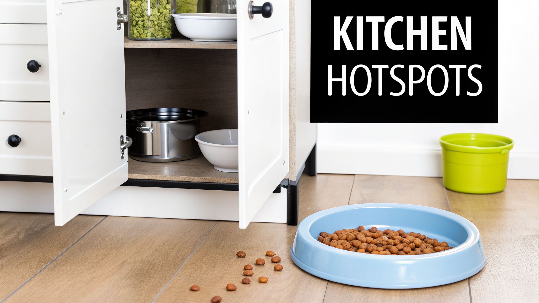 A kitchen scene with an open cabinet, pet food bowl, and spilled kibble on a wooden floor.