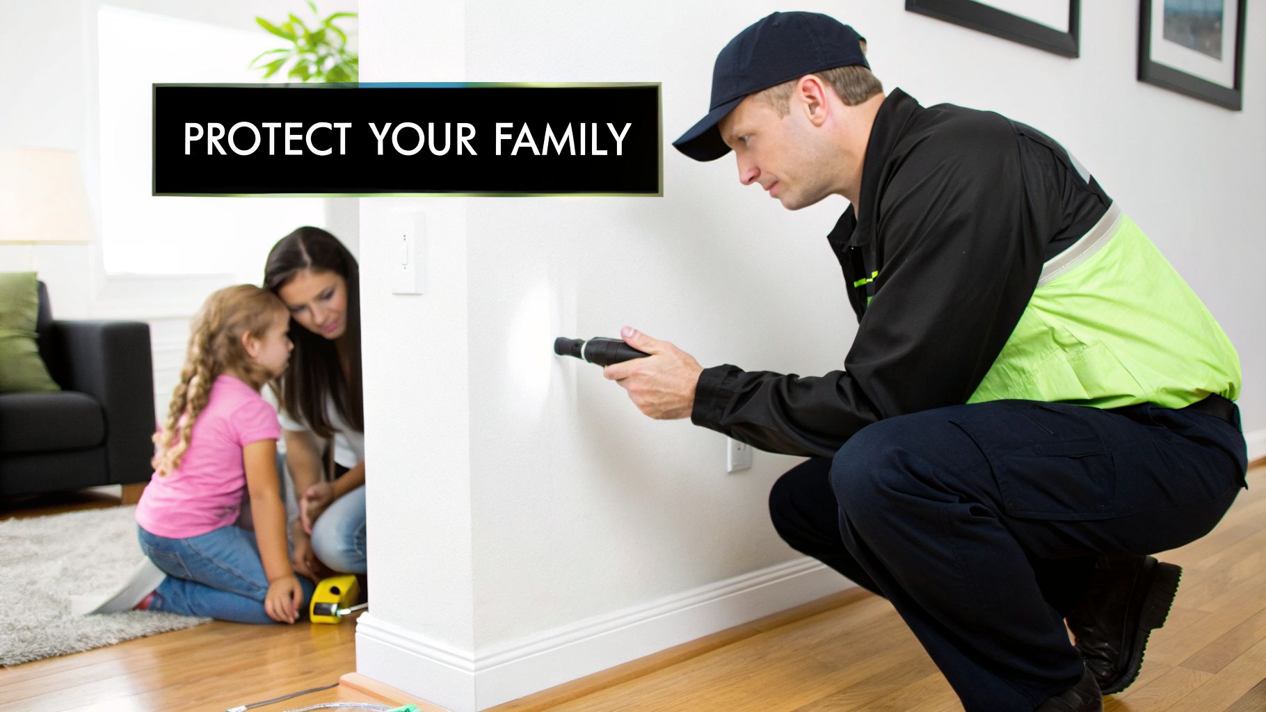A pest control technician inspects a wall with a flashlight while a mother and child observe, illustrating family home protection.