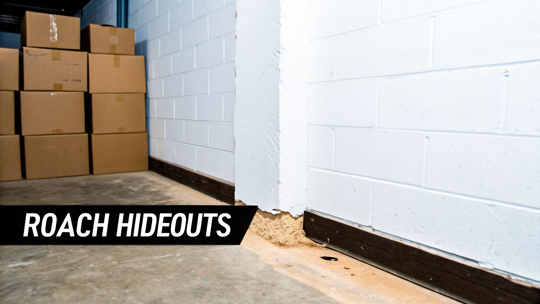 Stacks of cardboard boxes and debris in a white-walled basement, potential roach hideouts.