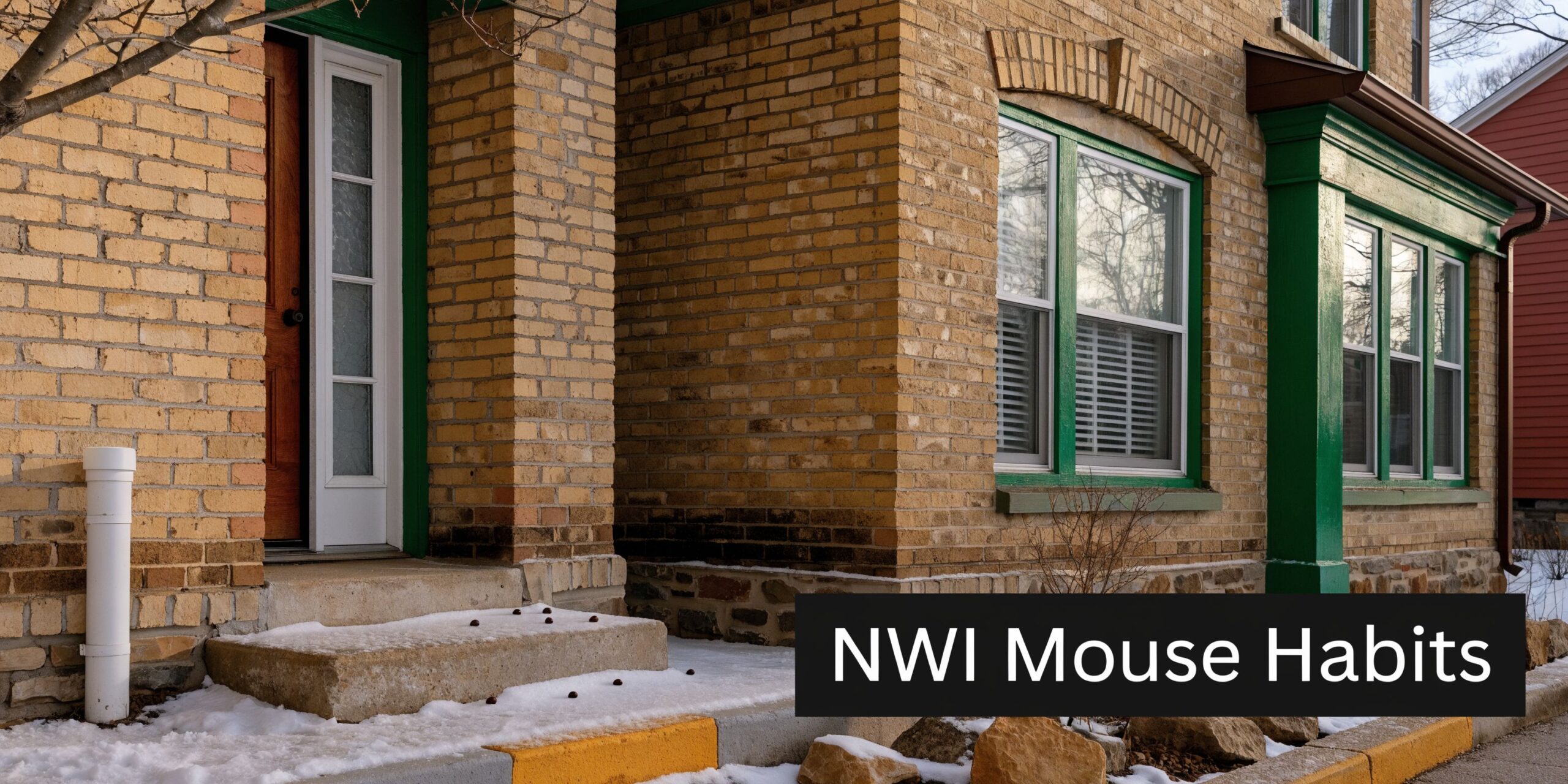 A rustic brick building exterior with green window frames and a wooden door near a snowy entrance.