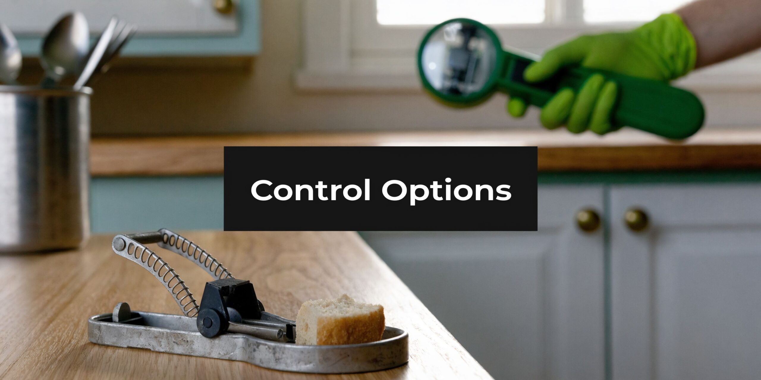 A gloved hand holding a flashlight above a kitchen counter with a mouse trap baited with bread.