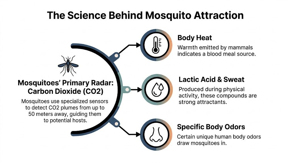 An infographic detailing the science behind mosquito attraction, focusing on carbon dioxide, body heat, sweat, and odors.