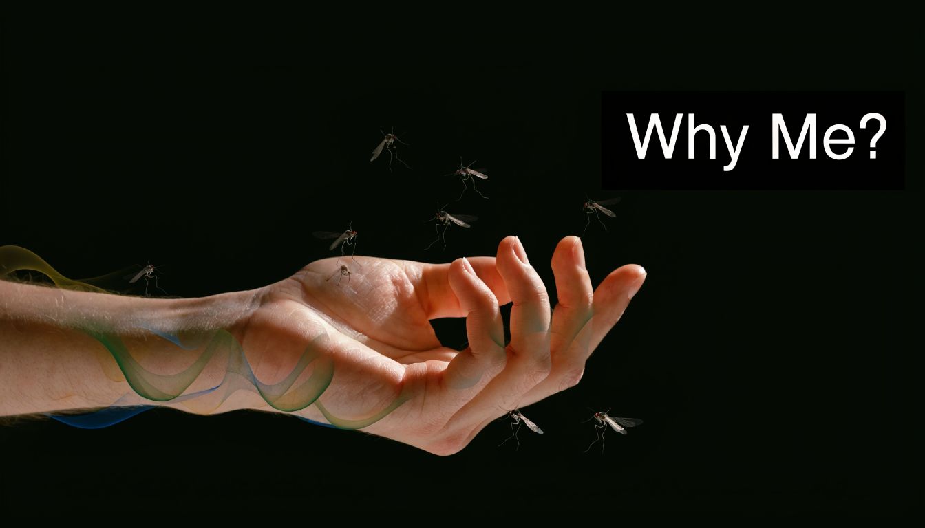 A human hand surrounded by mosquitoes against a black background with the text Why Me?