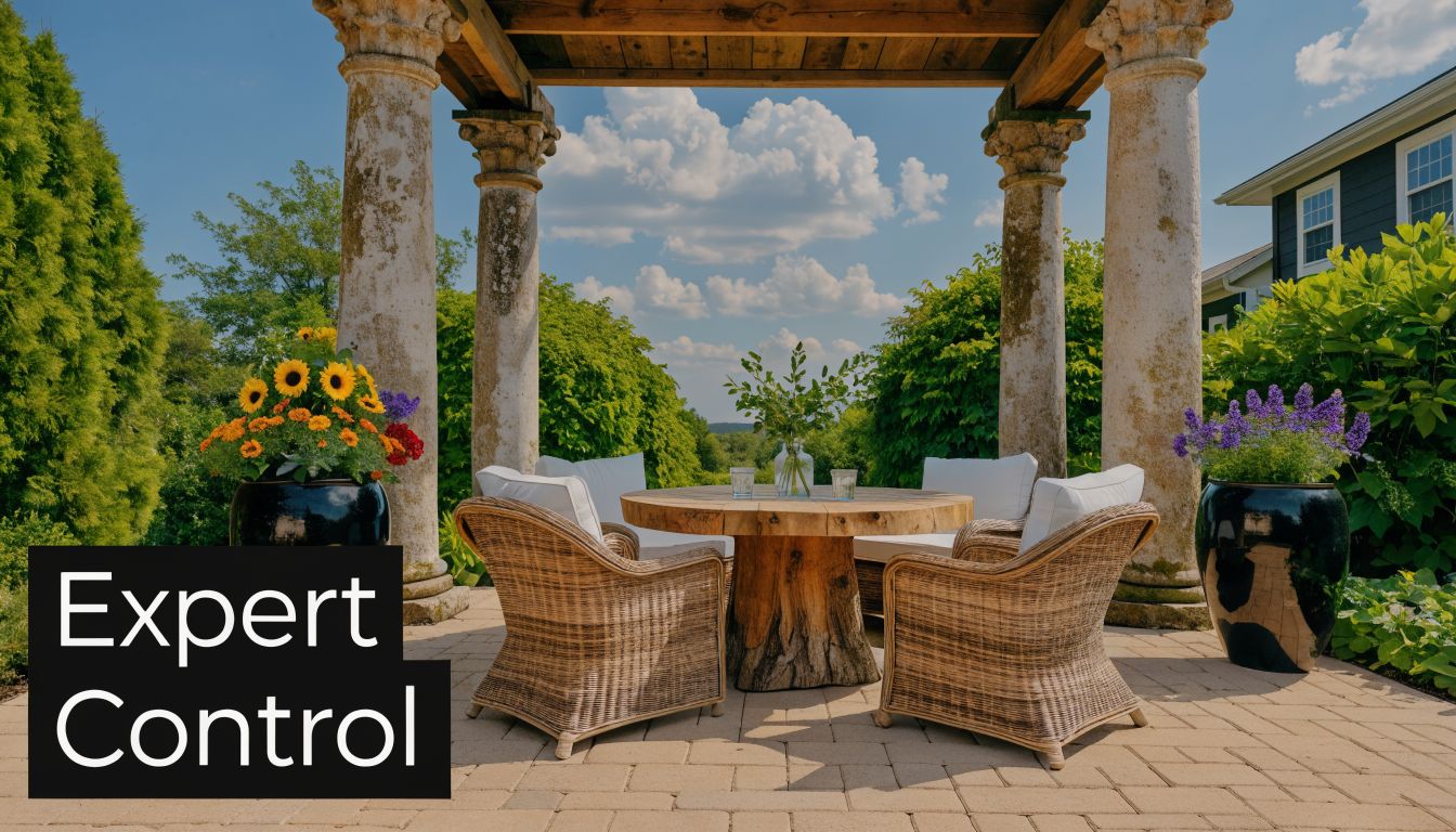 A serene patio area with a wooden table and wicker chairs under a stone pergola outdoors.
