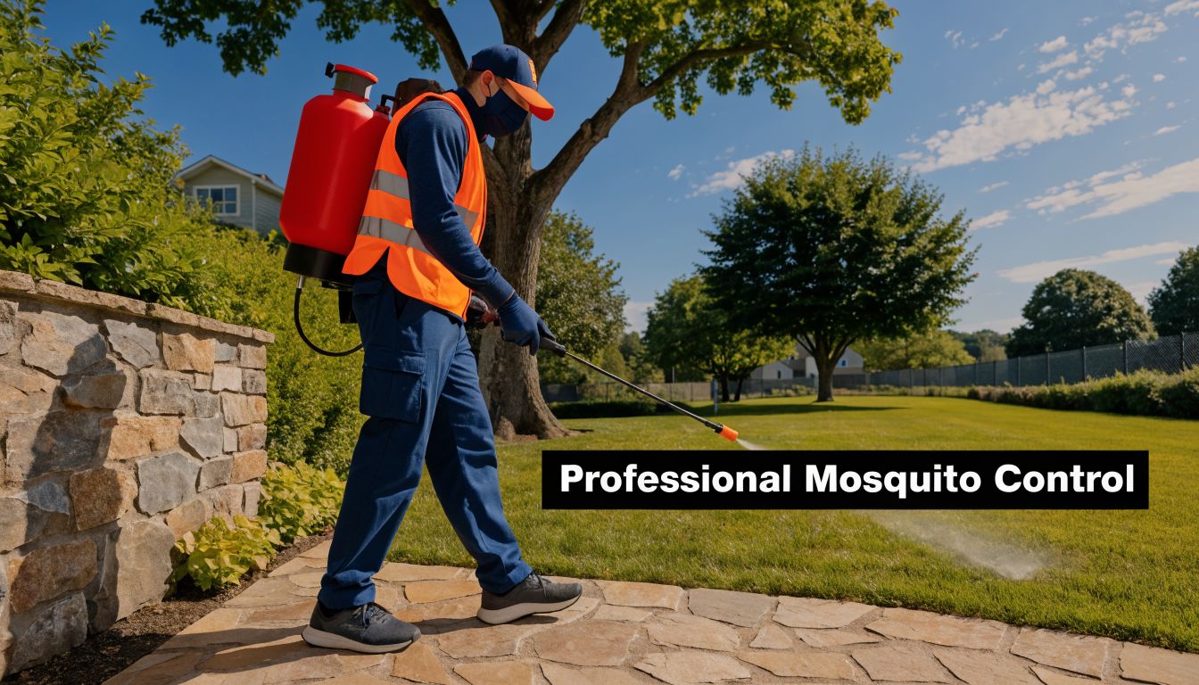 A professional pest control worker spraying the lawn in a residential backyard for mosquito treatment services.