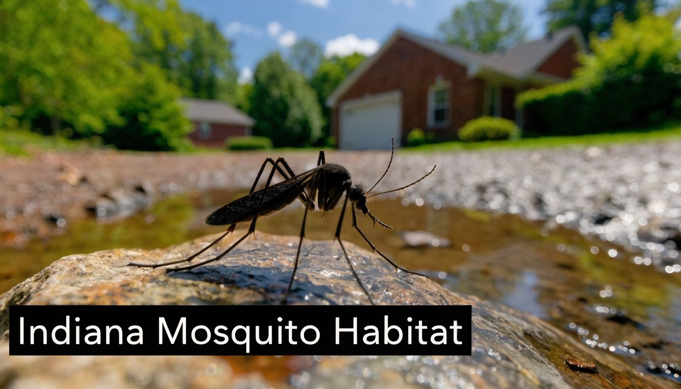 A close-up shot of a mosquito resting on a rock near a puddle in a residential yard.