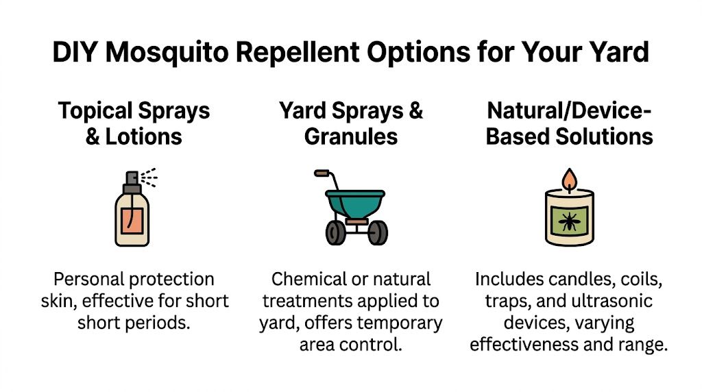 A visual guide summarizing three types of DIY mosquito repellent options for residential yard protection.