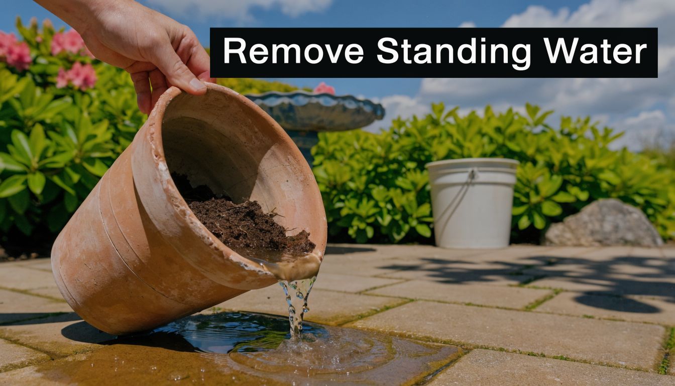 A person pouring stagnant water from a clay flower pot onto a paved garden patio area.