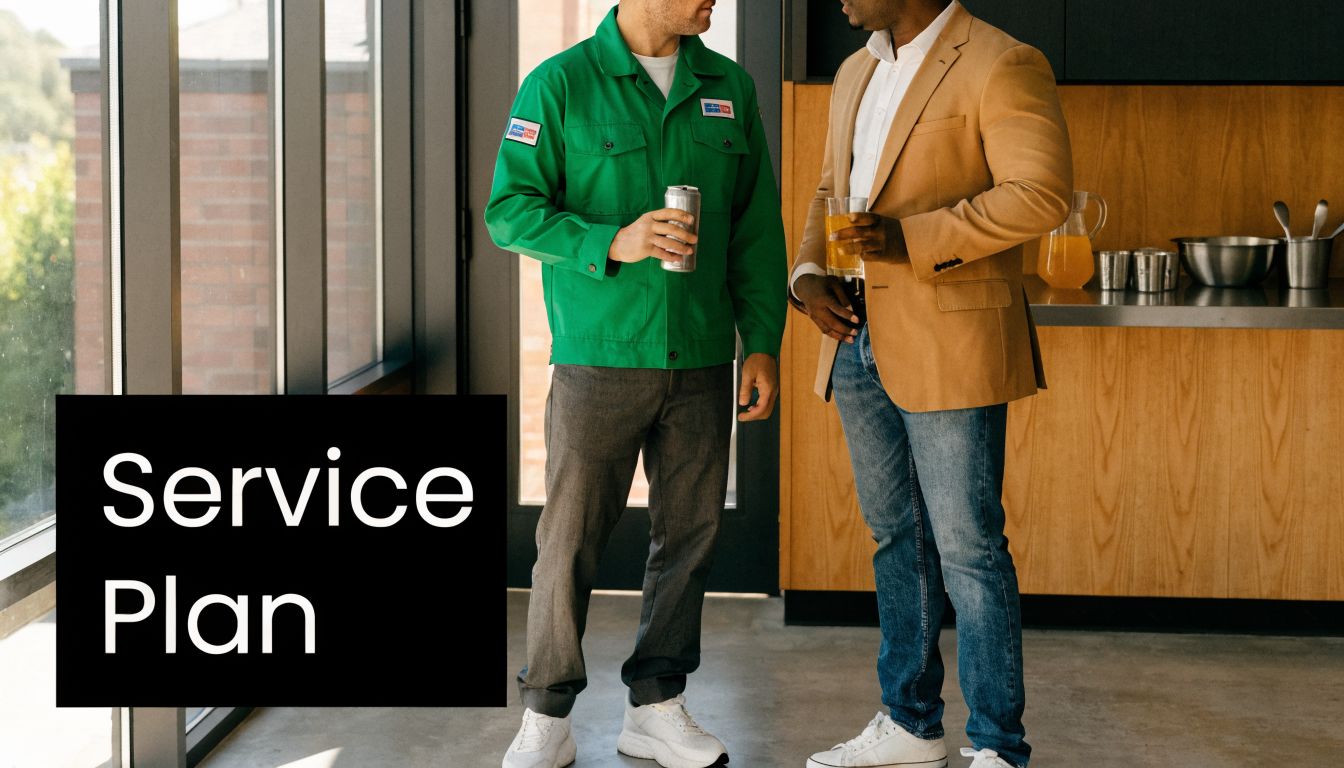 A service technician in a green uniform and a business professional talking in an office kitchen.