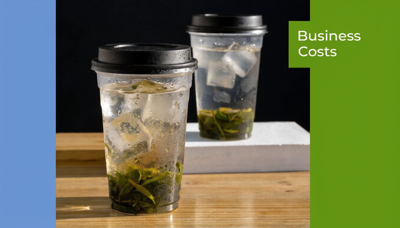 Two clear plastic cups with black lids containing refreshing iced tea with fresh green leaves.