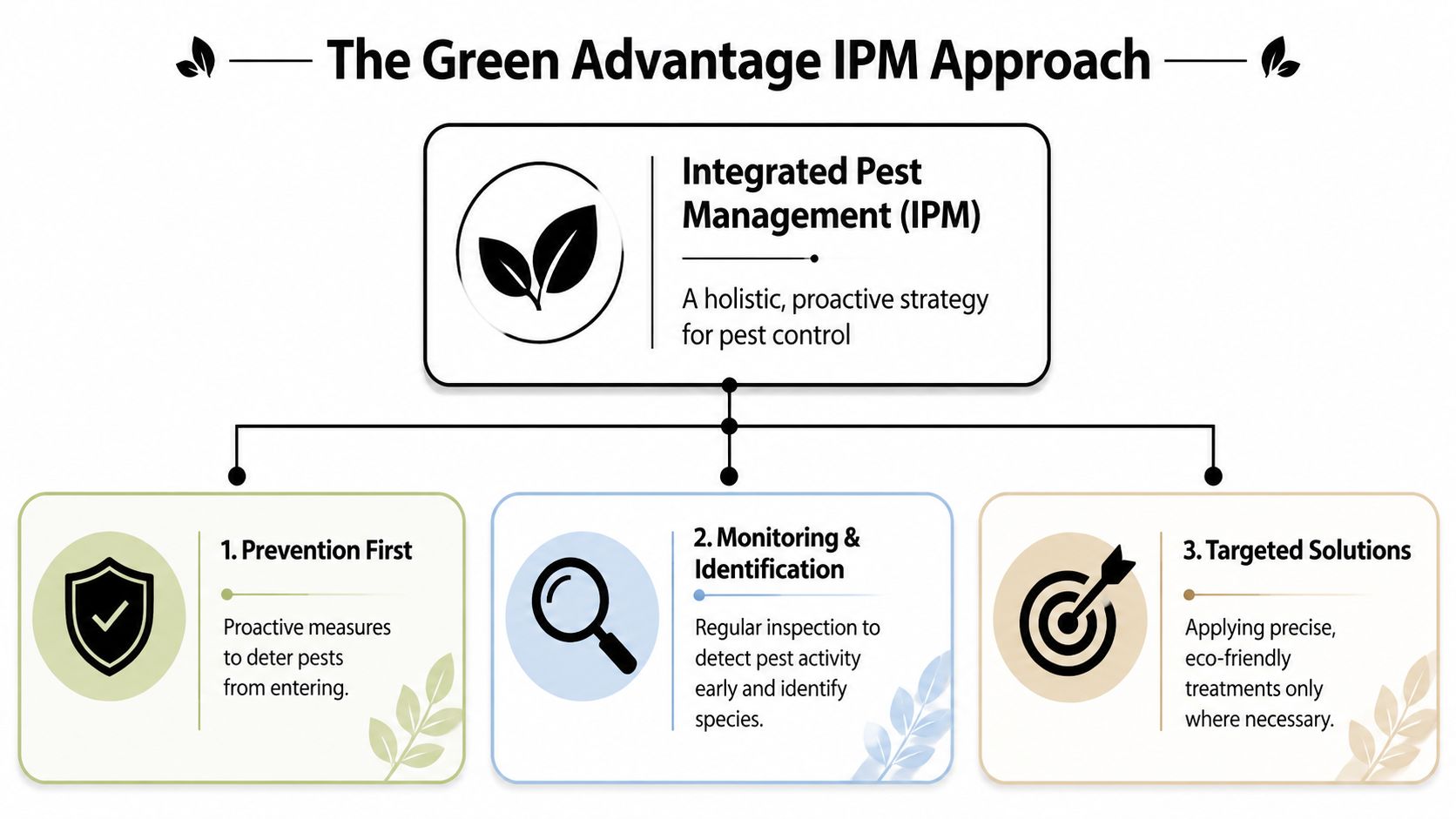 An infographic detailing the three-step Integrated Pest Management approach for proactive and eco-friendly pest control.
