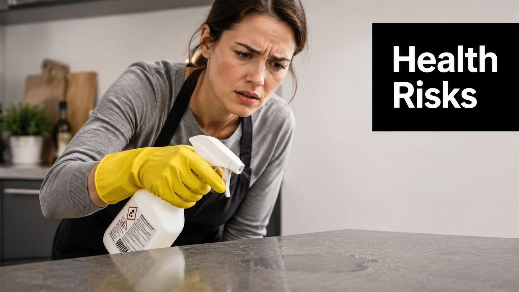 A concerned woman wearing yellow cleaning gloves sprays a cleaning product onto a kitchen countertop.