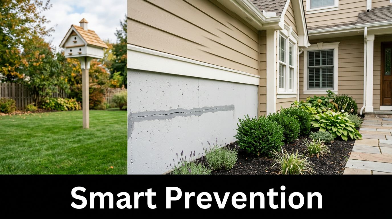 A split screen showing a birdhouse in a yard and a foundation crack on a residential home.