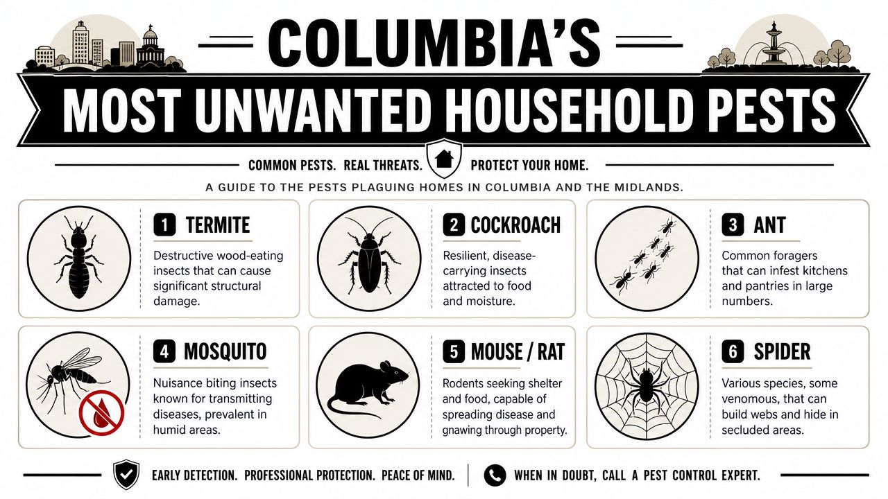 An infographic listing the top six most unwanted household pests found in Columbia and the Midlands.