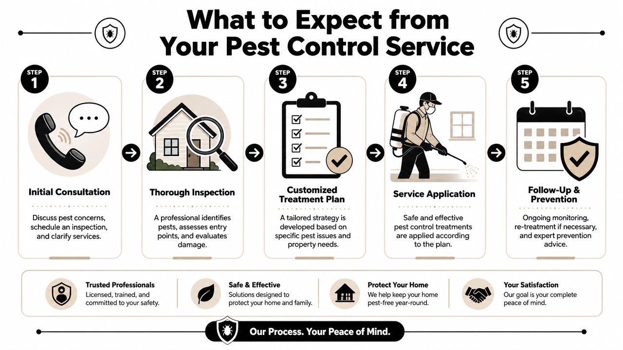 A five-step infographic detailing the professional home pest control service process from consultation to prevention.