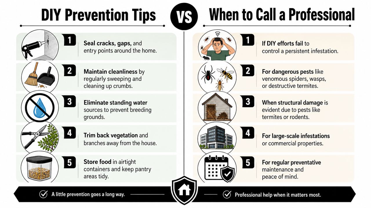 A comparison chart showing five DIY pest prevention tips versus five scenarios requiring professional pest control services.