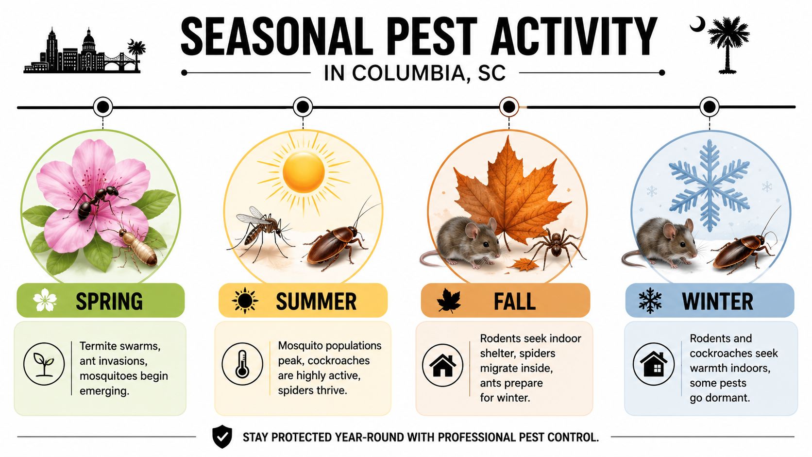 A seasonal infographic showing common pests in Columbia, SC throughout spring, summer, fall, and winter months.