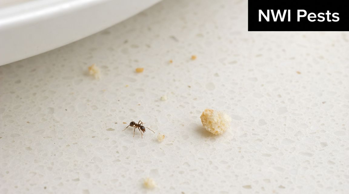 A small ant crawling on a white kitchen countertop next to crumbs of bread.