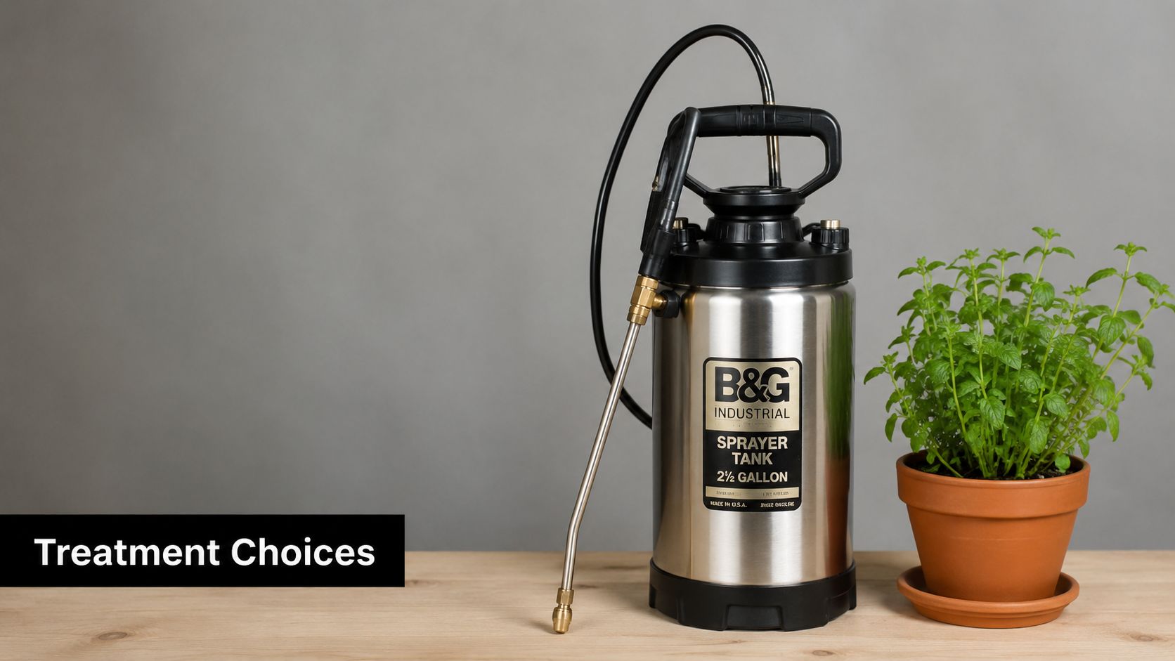A professional stainless steel industrial sprayer placed on a wooden table next to a potted herb plant.
