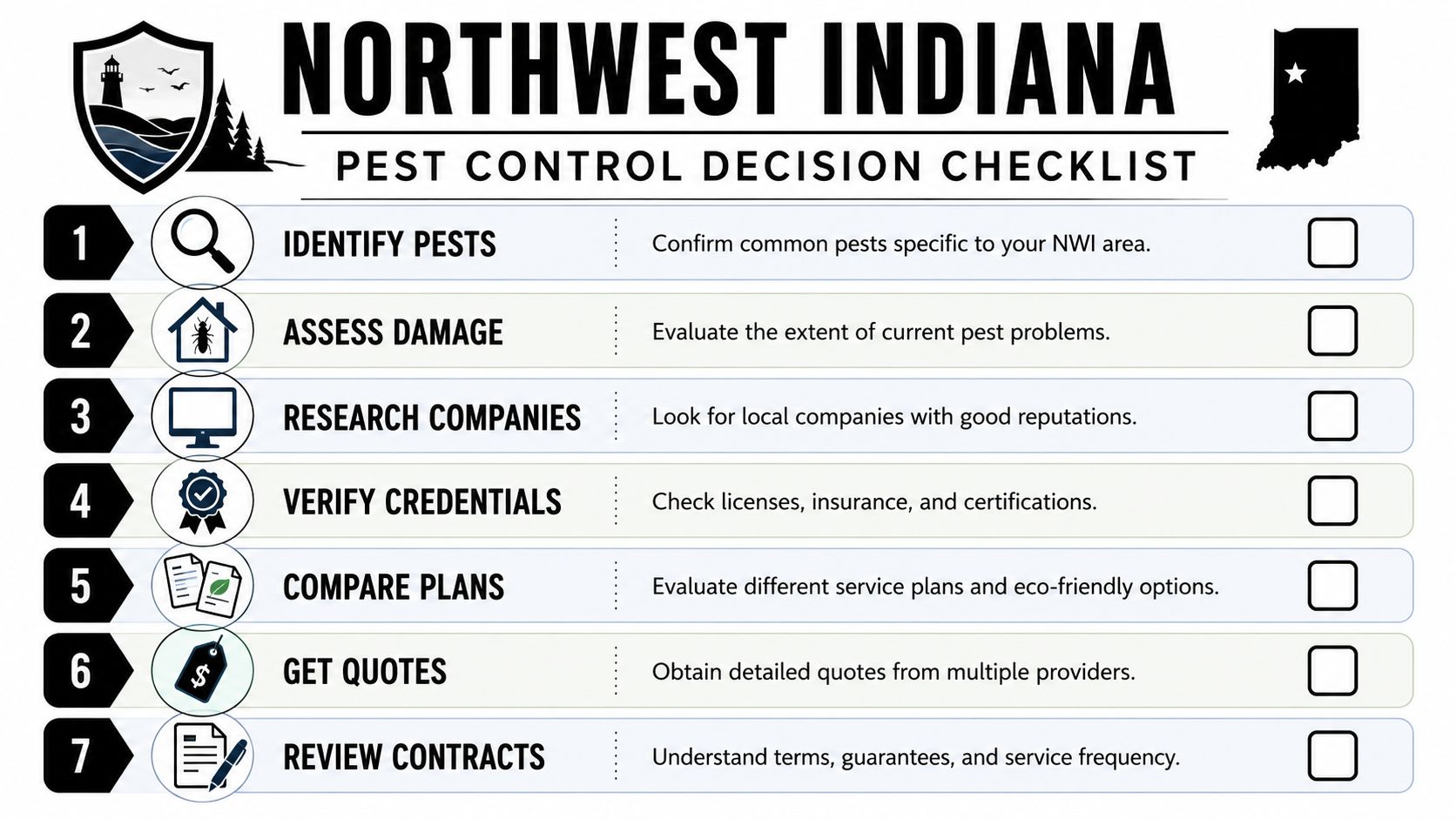 A seven-step pest control decision checklist for homeowners living in the Northwest Indiana region.