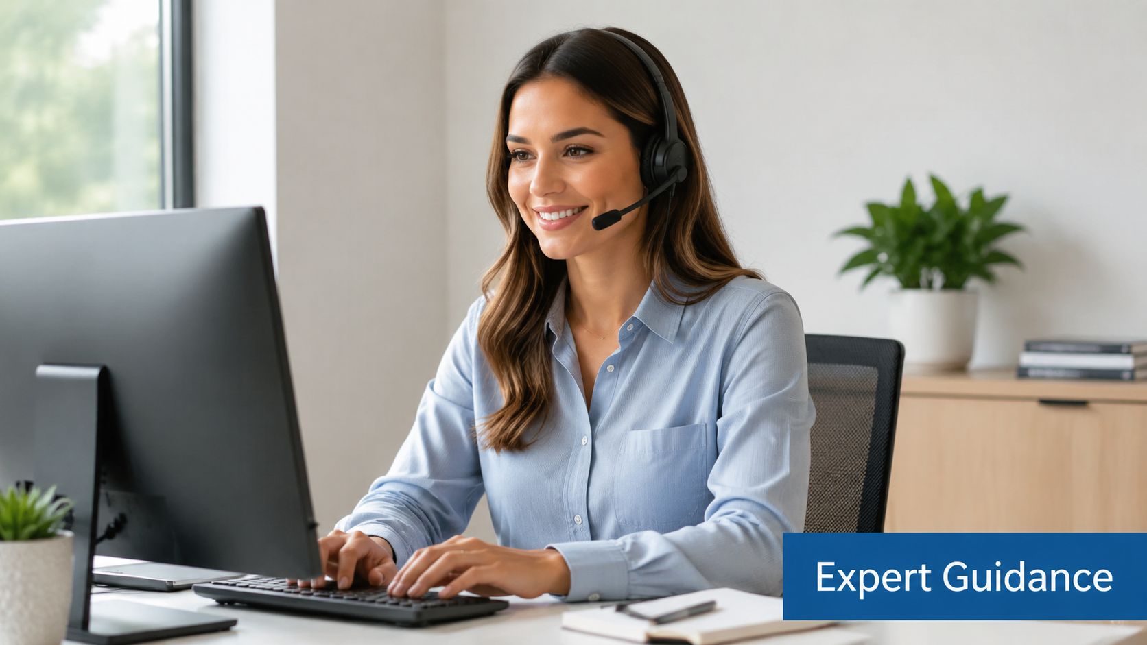 A friendly customer service representative wearing a headset while typing at her desk in a home office.