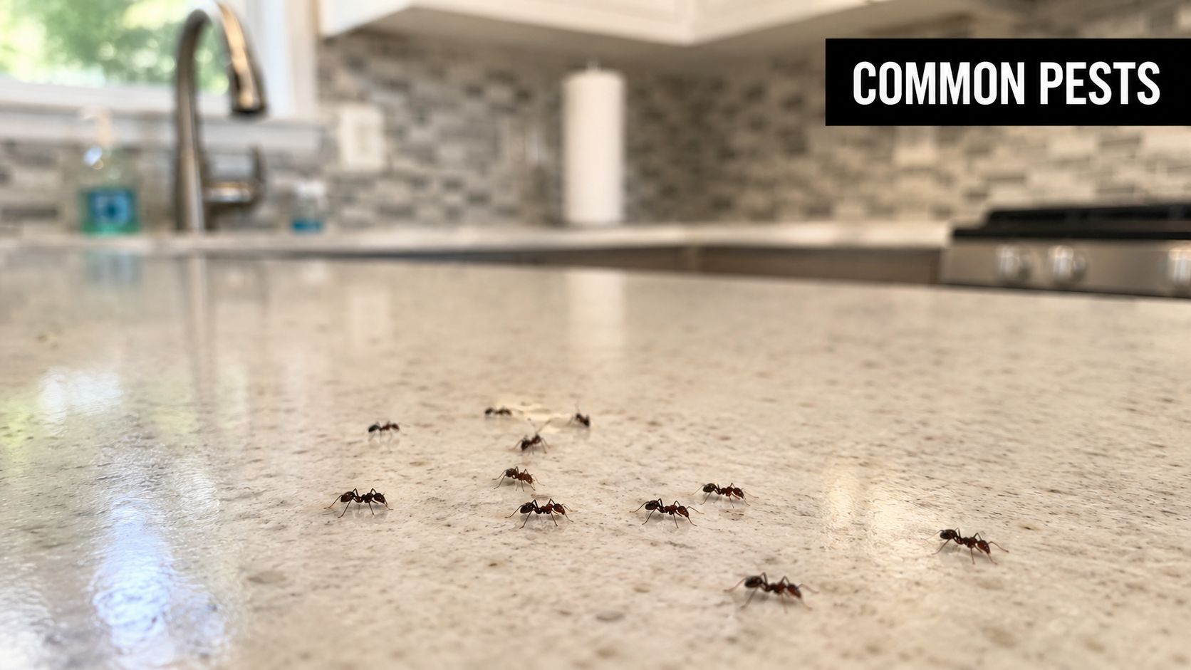 A close up view of several small ants walking across a clean kitchen countertop in a home.