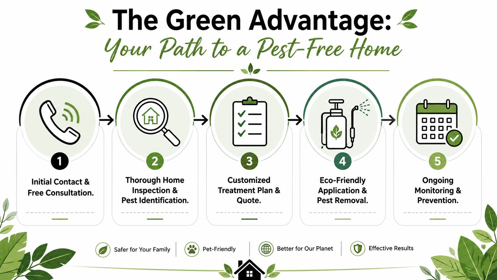 A step-by-step infographic illustrating a five-step professional home pest control process for a greener, safer home.