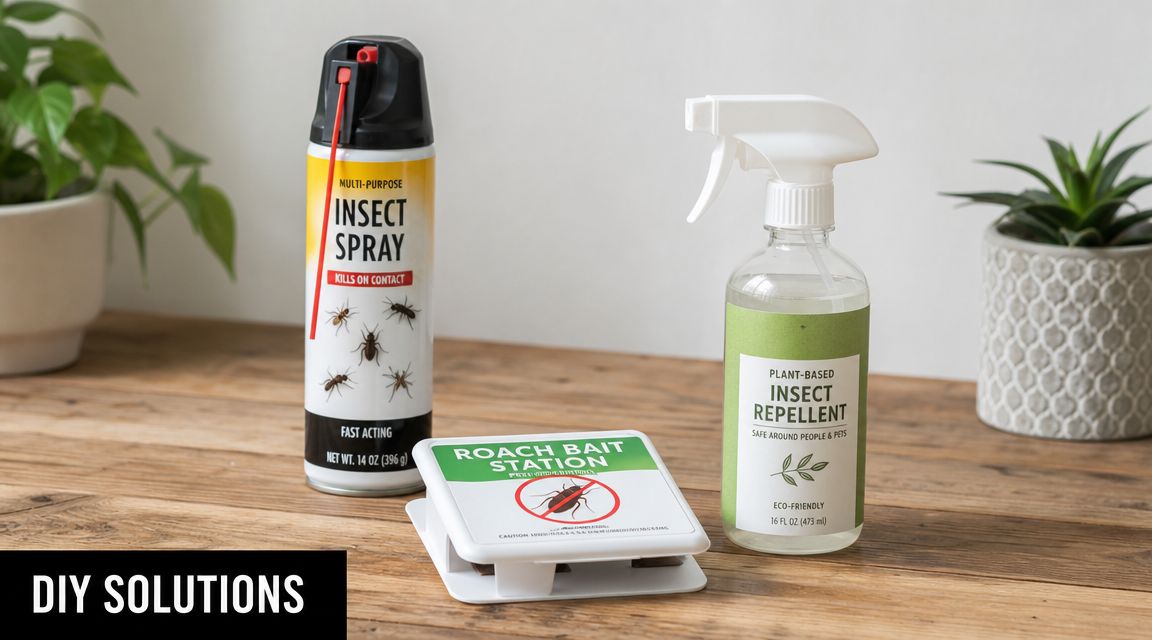 Three different home pest control products displayed on a wooden table, including insect spray, bait, and repellent.