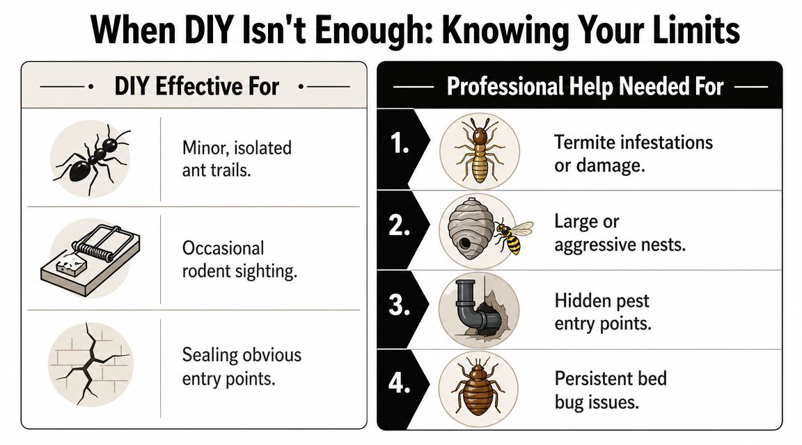 A comparison chart showing when to use DIY pest control methods versus when to call professionals.