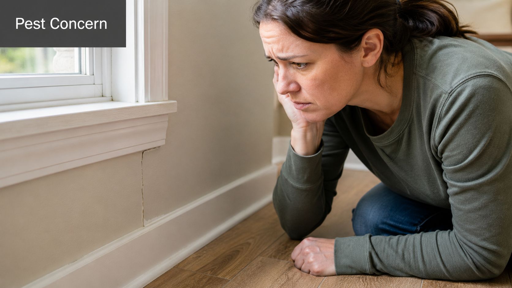 A concerned woman inspects a crack in her home wall, worrying about a potential pest control issue.