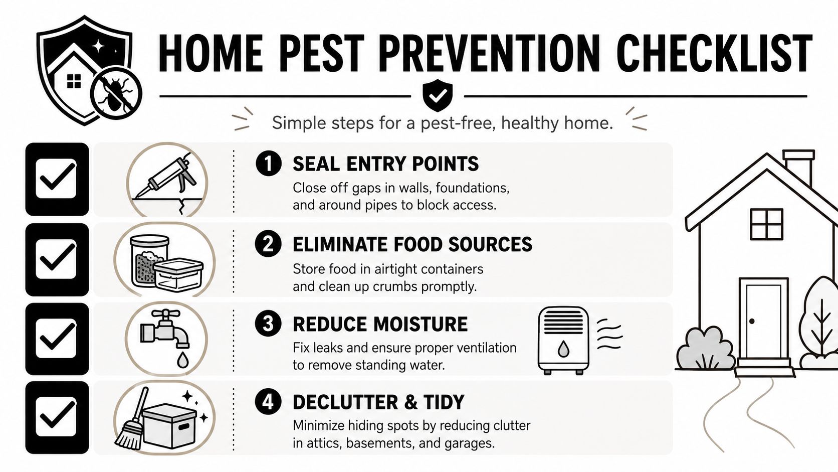 A home pest prevention checklist infographic illustrating four simple steps to maintain a healthy pest-free home environment.