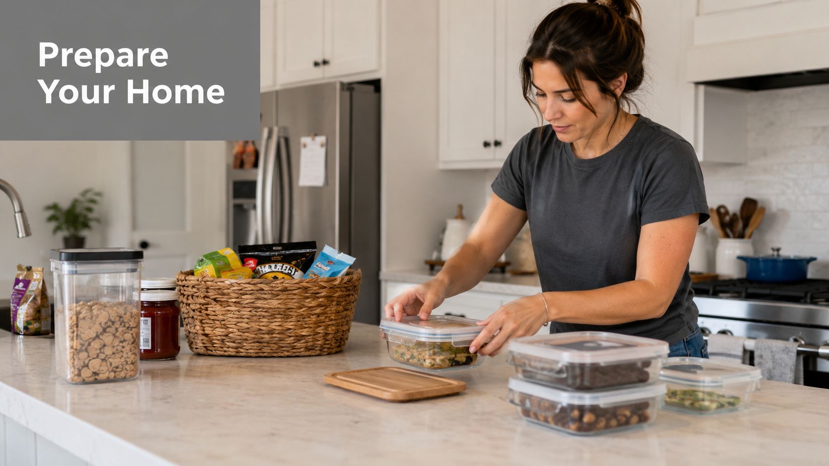A woman organizing prepped food in glass containers on a clean kitchen island countertop.