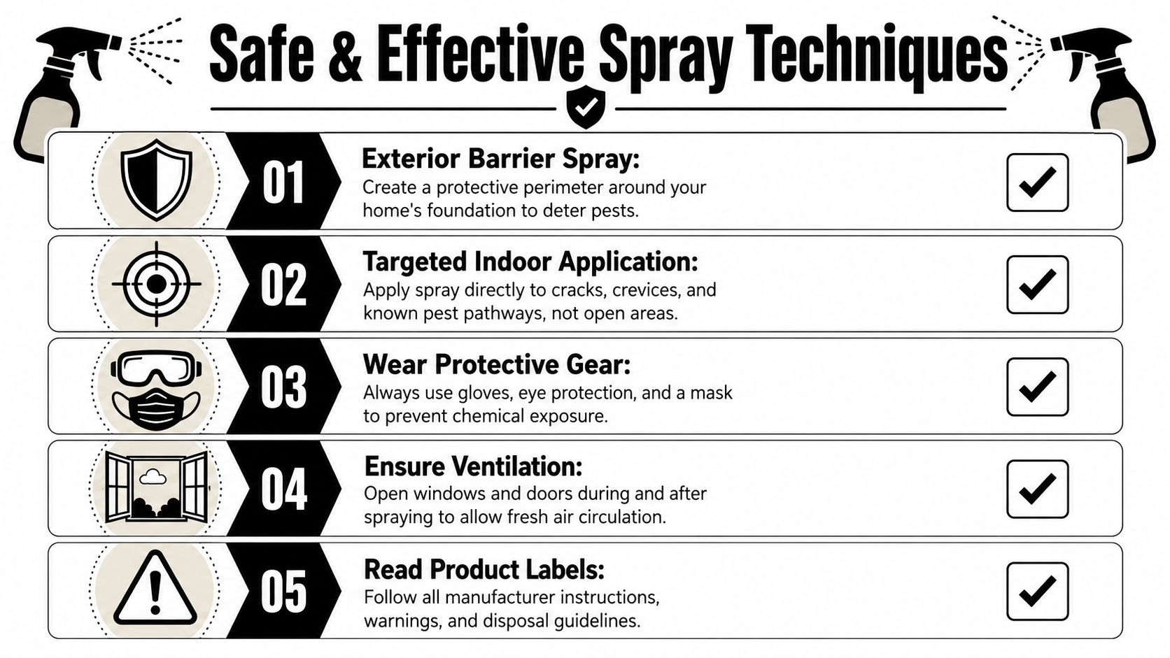 An infographic showing five safety tips for effective residential pest control spray application and proper precautions.