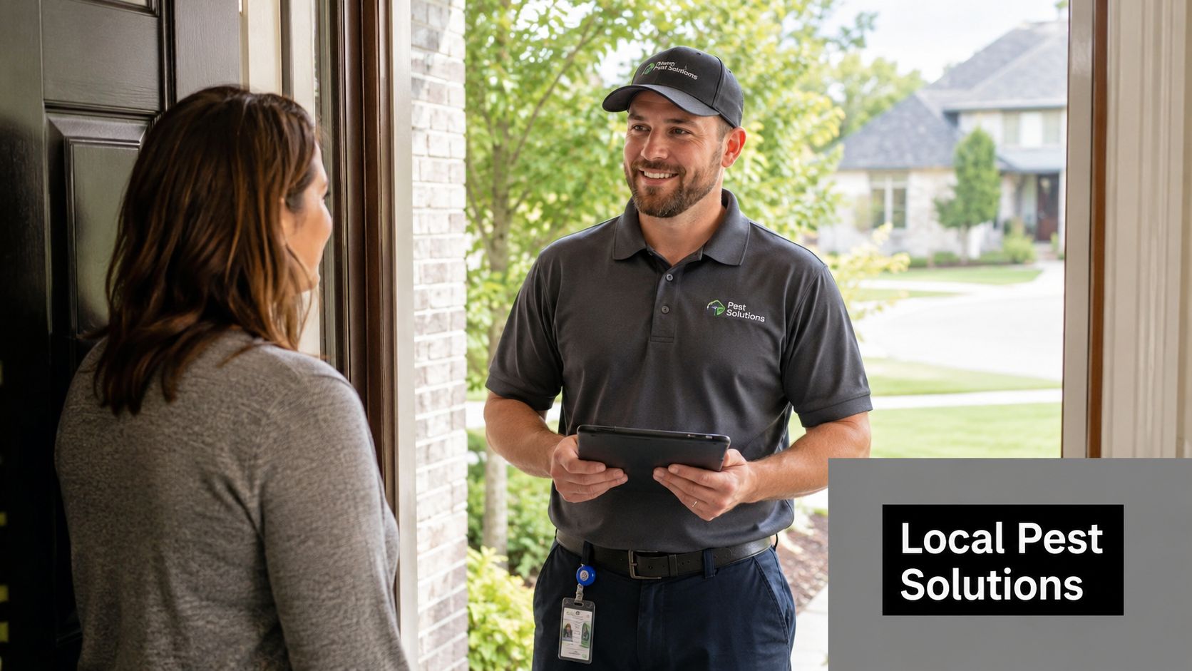 A smiling pest control technician wearing a uniform stands at a doorway talking to a homeowner.