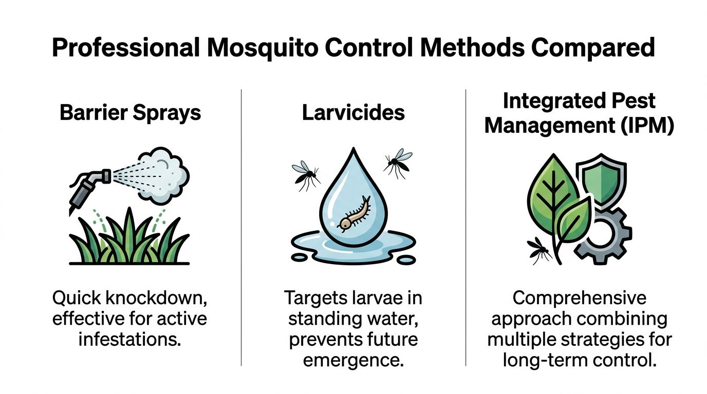 An infographic comparing professional mosquito control methods including barrier sprays, larvicides, and integrated pest management.
