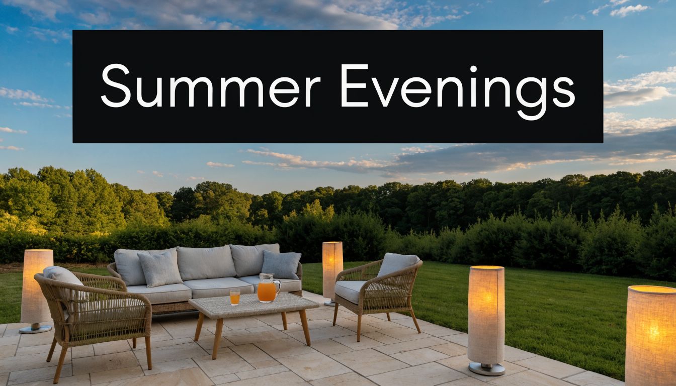 A luxurious outdoor patio set with comfortable seating and ambient lighting overlooking a lush green forest at sunset.