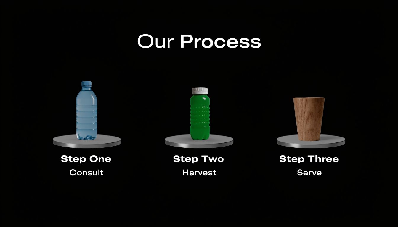 A graphic titled Our Process showcasing three steps: Consult, Harvest, and Serve with represented icons.