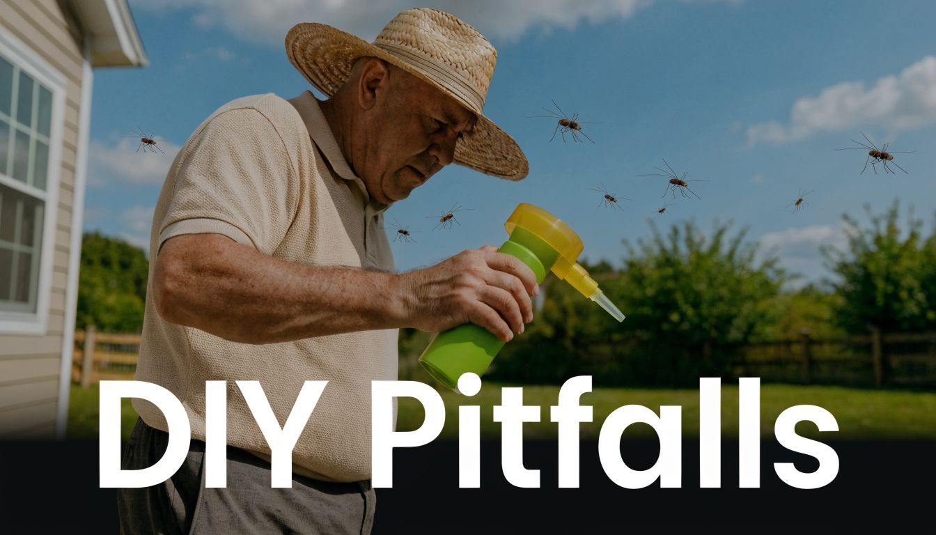 A man in a straw hat uses a spray bottle while surrounded by digital mosquitoes in his yard.