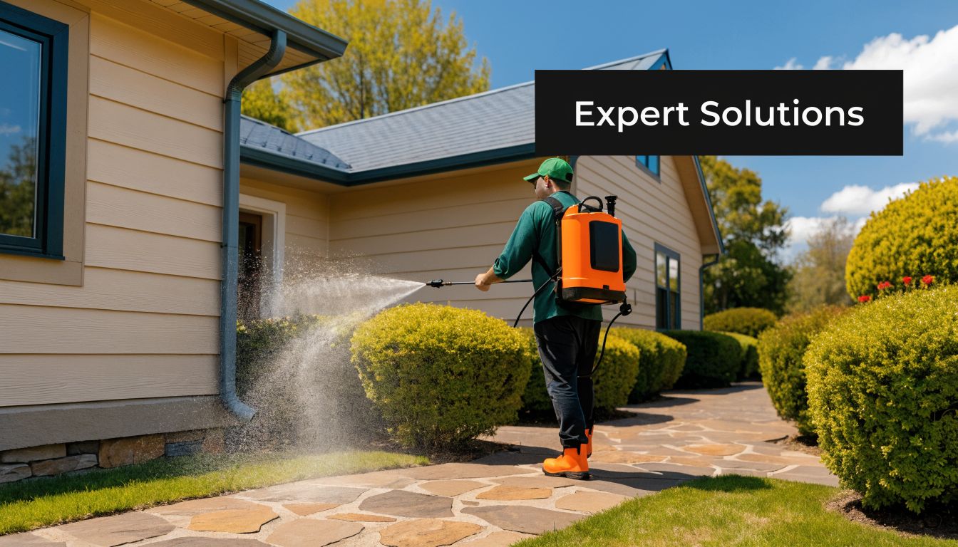 A professional pest control technician sprays insecticide around the exterior of a suburban house for yard treatment.