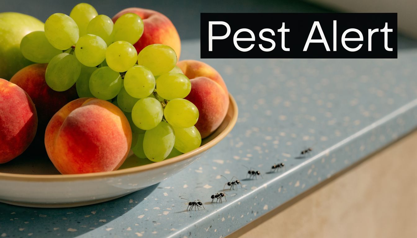 A bowl of fresh peaches and grapes on a counter being approached by a line of ants.