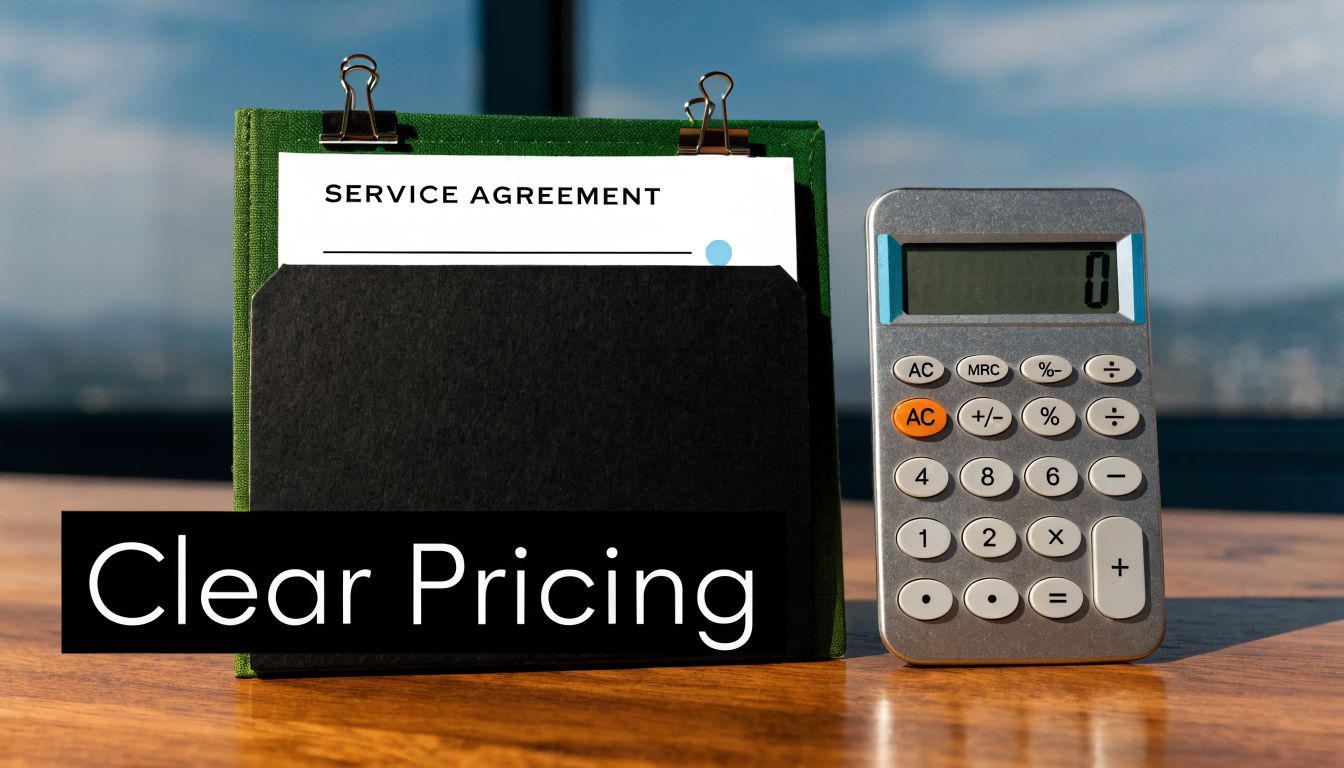 A calculator and a service agreement document placed on a desk to represent clear business pricing.