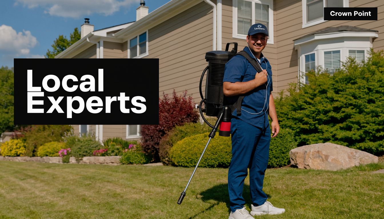 A professional pest control technician wearing a backpack sprayer stands smiling in front of a residential house.