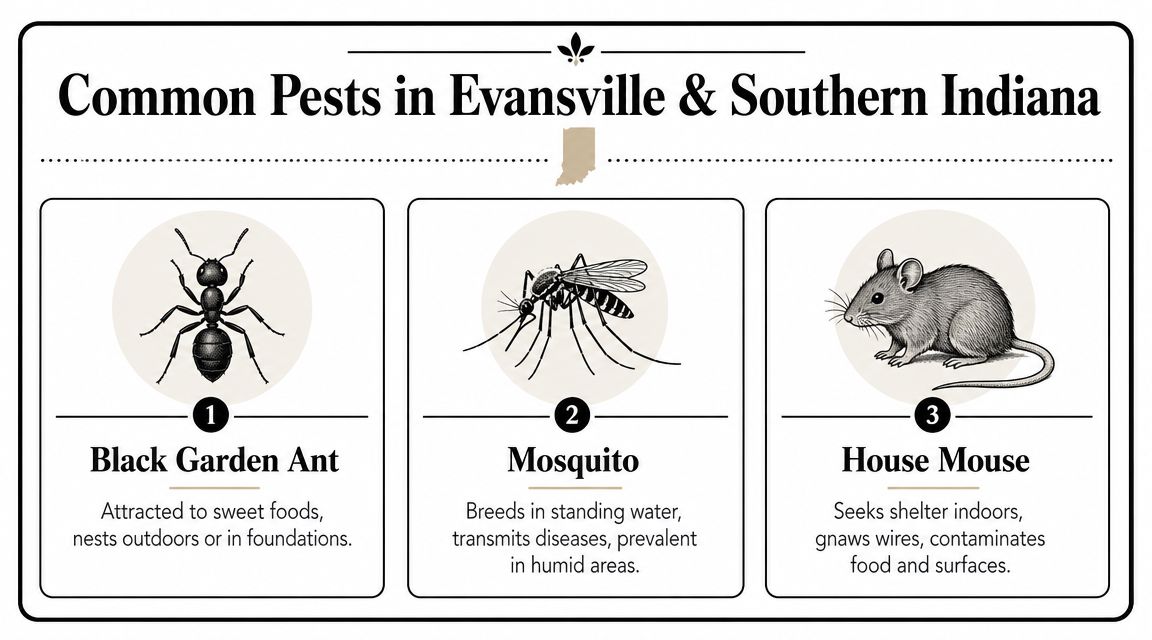 An infographic listing three common pests in Evansville and Southern Indiana: Black Garden Ant, Mosquito, and House Mouse.